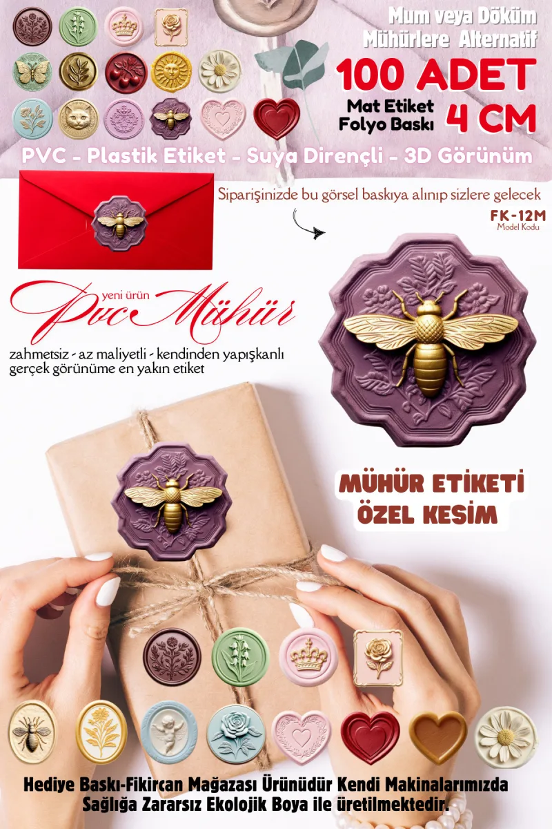 MÜHÜR ETİKETİ 100 Adet Kokusuz Ekolojik Mürekkep PVC ETİKET 4 CM MUM VE DÖKÜM ALTERNATİF — fotoğraf 1