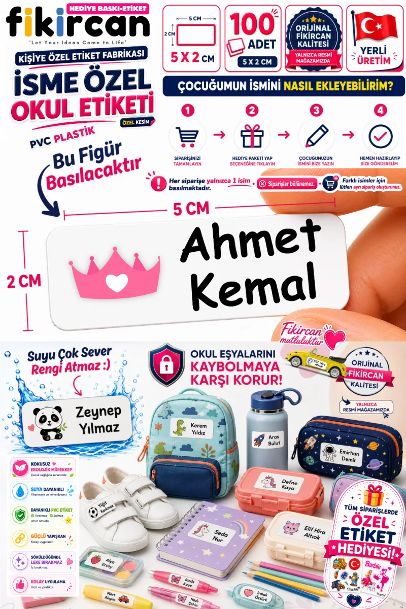 İsme Özel Okul Etiketi - 100 Adet - 5 x 2 cm - PVC Etiket - FİGÜR 25 — fotoğraf 1