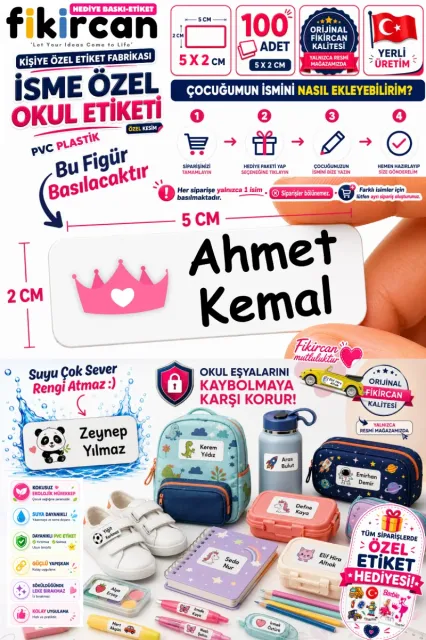 İsme Özel Okul Etiketi - 100 Adet - 5 x 2 cm - PVC Etiket - FİGÜR 25