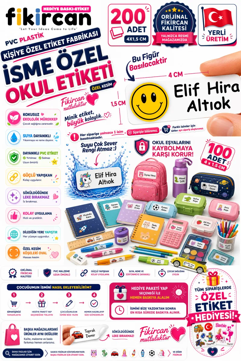 İsme Özel Okul Etiketi - 200 Adet - 1,5 x 4 cm - PVC Etiket - - FİGÜR 30 — fotoğraf 1