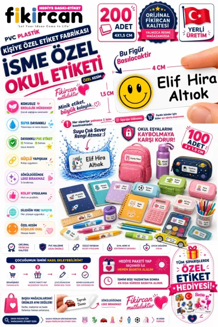 İsme Özel Okul Etiketi - 200 Adet - 1,5 x 4 cm - PVC Etiket - - FİGÜR 30
