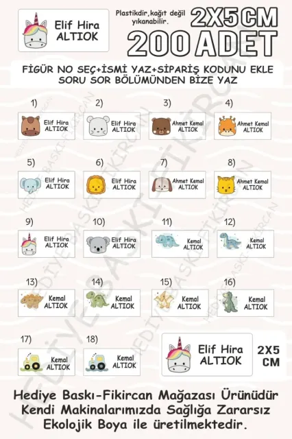 - Isme Özel Okul Etiket Seti - 200 Adet-2x5 Cm Kokusuz Ekolojik Mürekkep Pvc Etiket Karışık