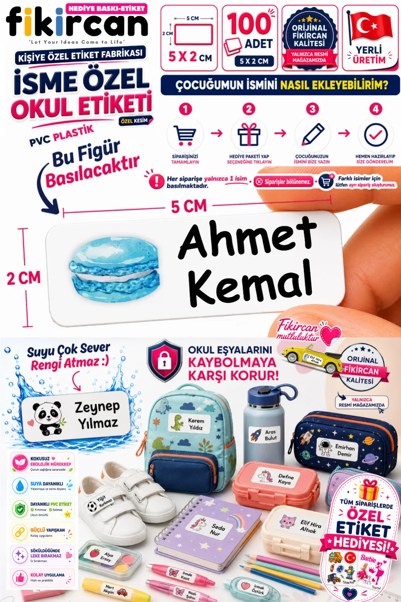 İsme Özel Okul Etiketi - 100 Adet - 5 x 2 cm - PVC Etiket - FİGÜR 41 — fotoğraf 1