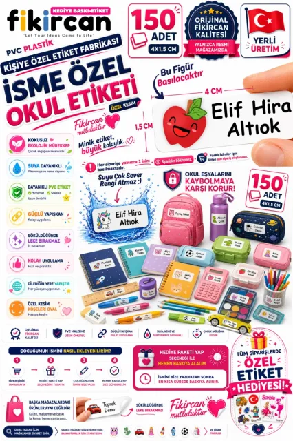 İsme Özel Okul Etiketi - 150 Adet - 1.5 x 4 cm - PVC Etiket - FİGÜR 115