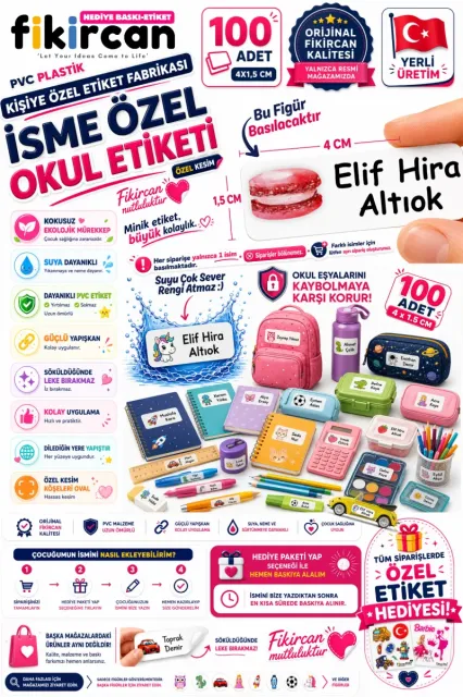 İsme Özel Okul Etiketi - 100 Adet - 1.5 x 4 cm - PVC Etiket - FİGÜR 44