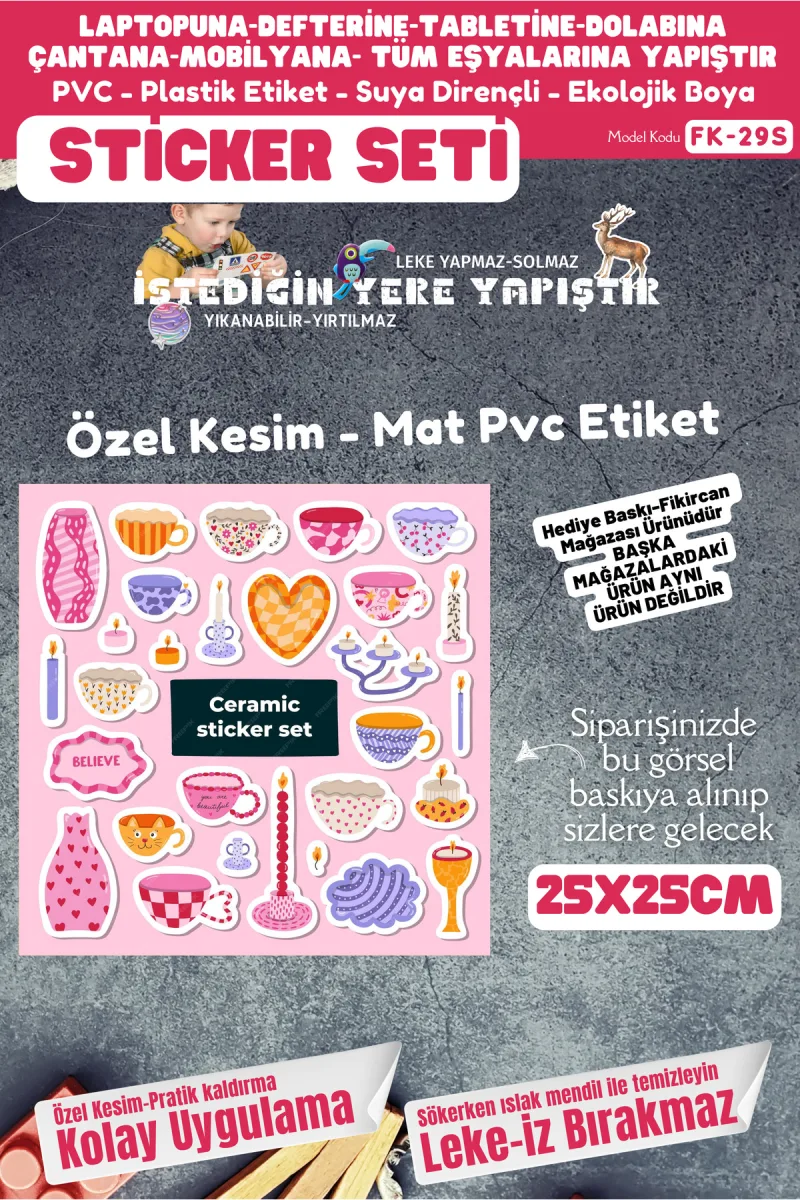 Fikircan Etiket Seti 25x25cm Pvc Sticker -Defter-Laptop-Tablet-Telefon-Dolap-Cam vb Her yere Yapışır