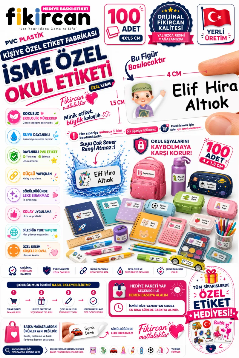 İsme Özel Okul Etiketi - 100 Adet - 1.5 x 4 cm - PVC Etiket - FİGÜR 139 — fotoğraf 1