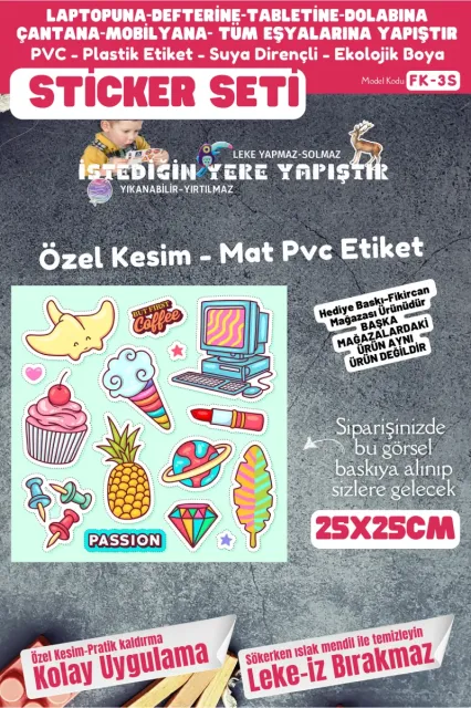 Fikircan Etiket Seti 25x25cm Pvc Sticker -Defter-Laptop-Tablet-Telefon-Dolap-Cam vb Her yere Yapışır