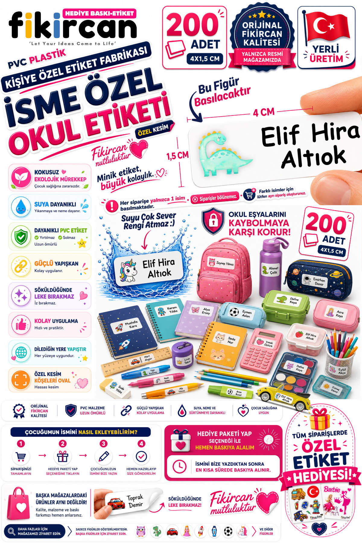İsme Özel Okul Etiketi - 200 Adet - 1.5 x 4 cm - PVC Etiket - FİGÜR 40 1453260718255 — fotoğraf 1