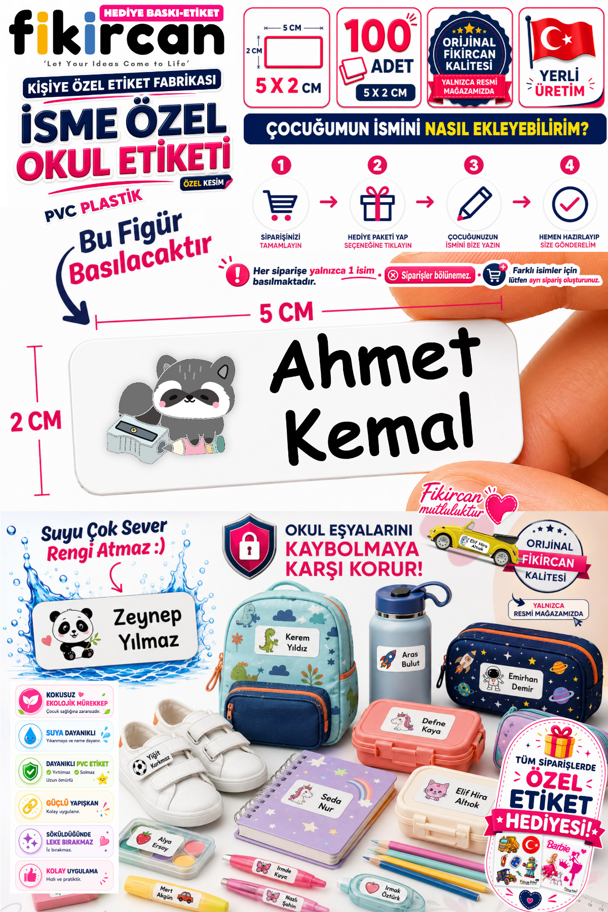 İsme Özel Okul Etiketi - 100 Adet - 5 x 2 cm - PVC Etiket - FİGÜR 81 — fotoğraf 1