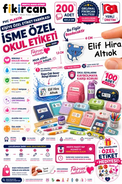 İsme Özel Okul Etiketi - 200 Adet - 1,5 x 4 cm - PVC Etiket - - FİGÜR 39