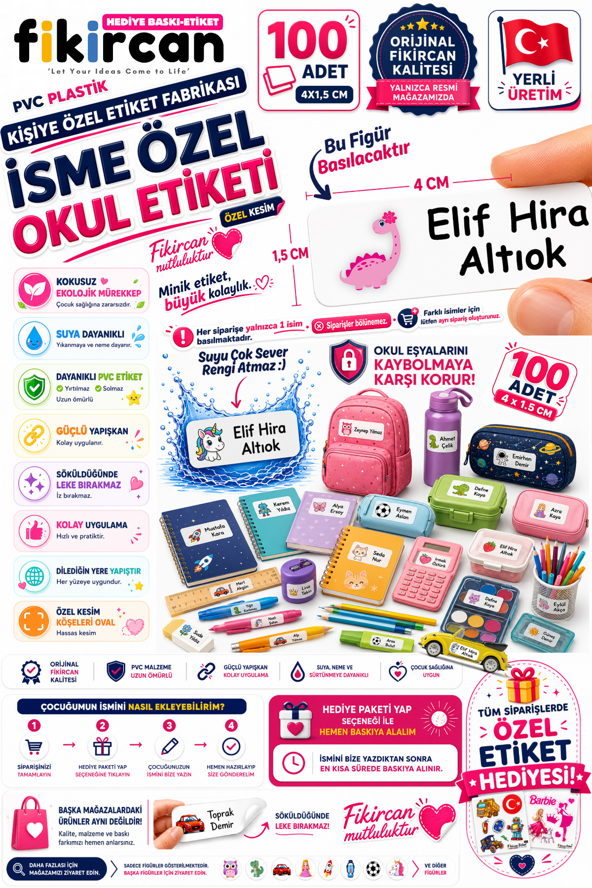 İsme Özel Okul Etiketi - 100 Adet - 1.5 x 4 cm - PVC Etiket - FİGÜR 71 — fotoğraf 1
