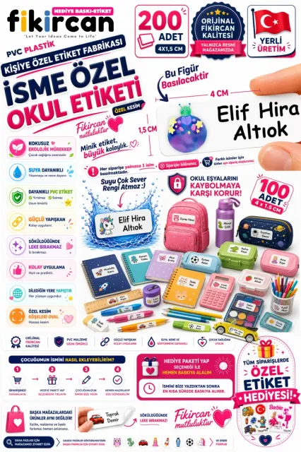 İsme Özel Okul Etiketi - 200 Adet - 1,5 x 4 cm - PVC Etiket - - FİGÜR 12
