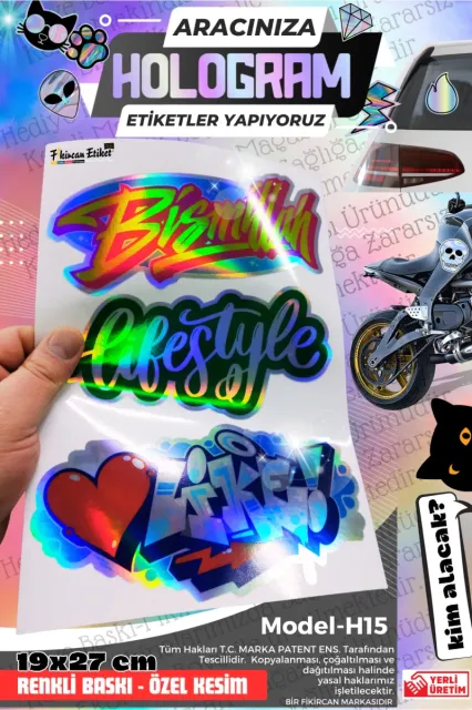Fikircan-Hologram Etiket- Araba ve Motorsiklet Cam ve Kaporta Uyumlu Renkli Baskı Özel Kesim Sticker