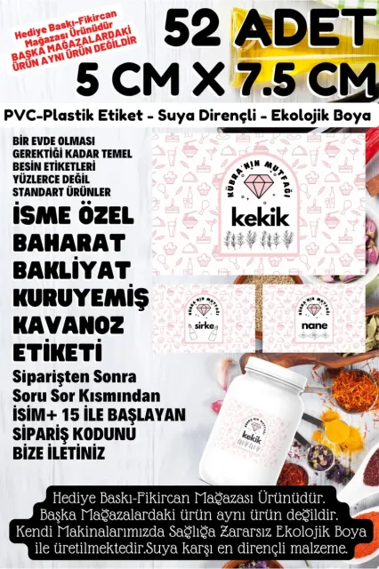 Isme Özel Baharat Bakliyat Kuruyemiş Kavanoz Etiket Seti -52 Çeşit- 5 X 7,5 Cm Büyük Boy