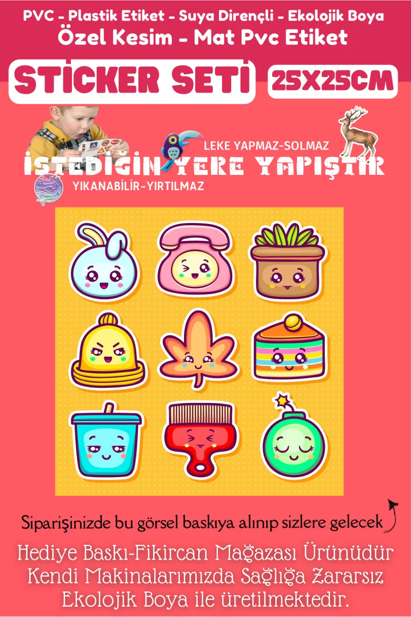 Fikircan Etiket Seti 25x25cm Pvc Sticker -Defter-Laptop-Tablet-Telefon-Dolap-Cam vb Her yere Yapışır — fotoğraf 2