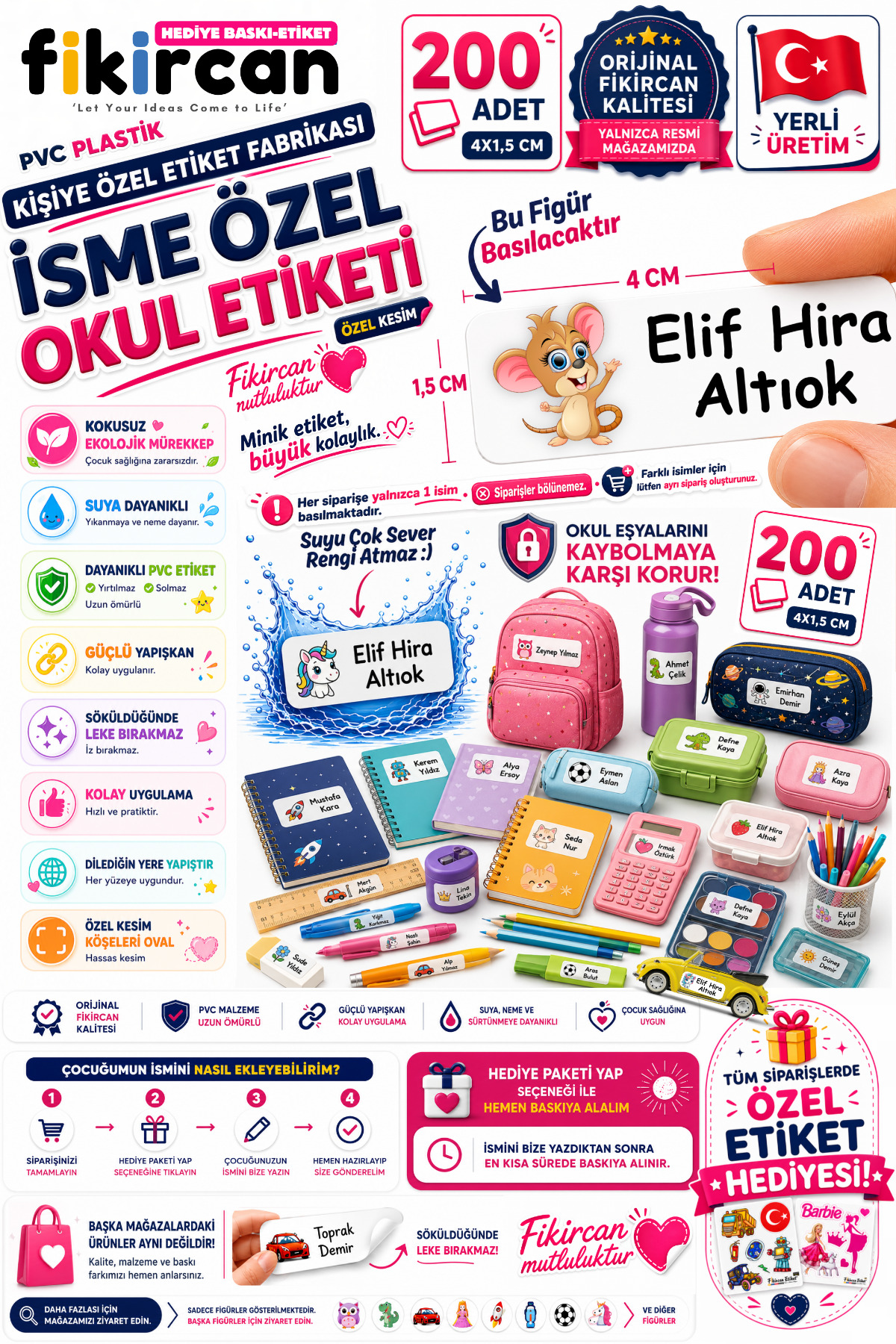 İsme Özel Okul Etiketi - 200 Adet - 1.5 x 4 cm - PVC Etiket - FİGÜR 33 1453260718258 — fotoğraf 1