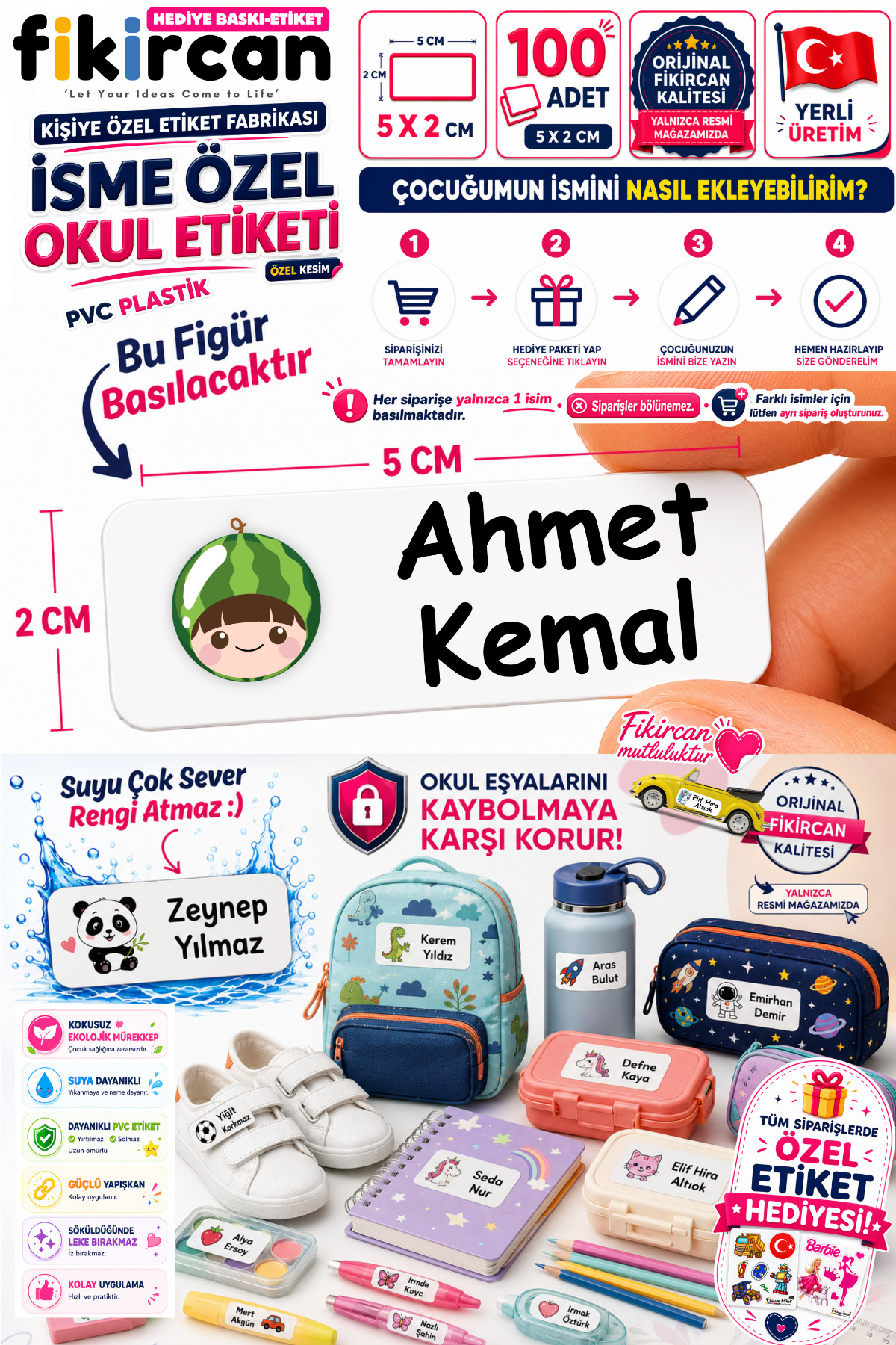 İsme Özel Okul Etiketi - 100 Adet - 5 x 2cm - PVC Etiket - FİGÜR 107 — fotoğraf 1