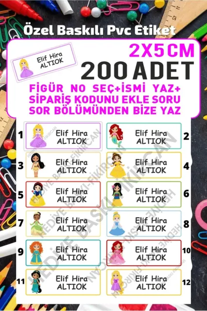 - Isme Özel Okul Etiket Seti - 200 Adet-2x5 Cm Kokusuz Ekolojik Mürekkep Pvc Etiket Kızlar
