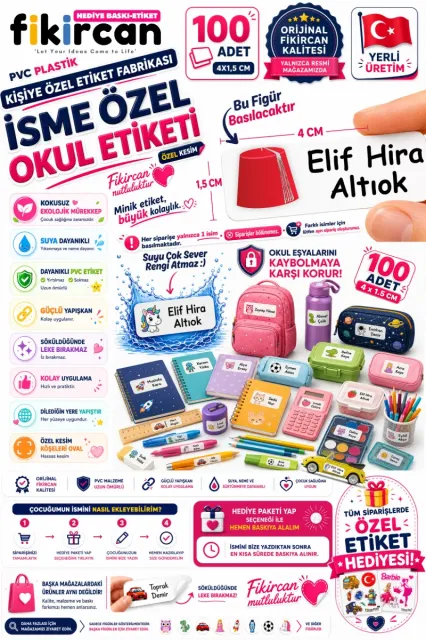 İsme Özel Okul Etiketi - 100 Adet - 1.5 x 4 cm - PVC Etiket - FİGÜR 135