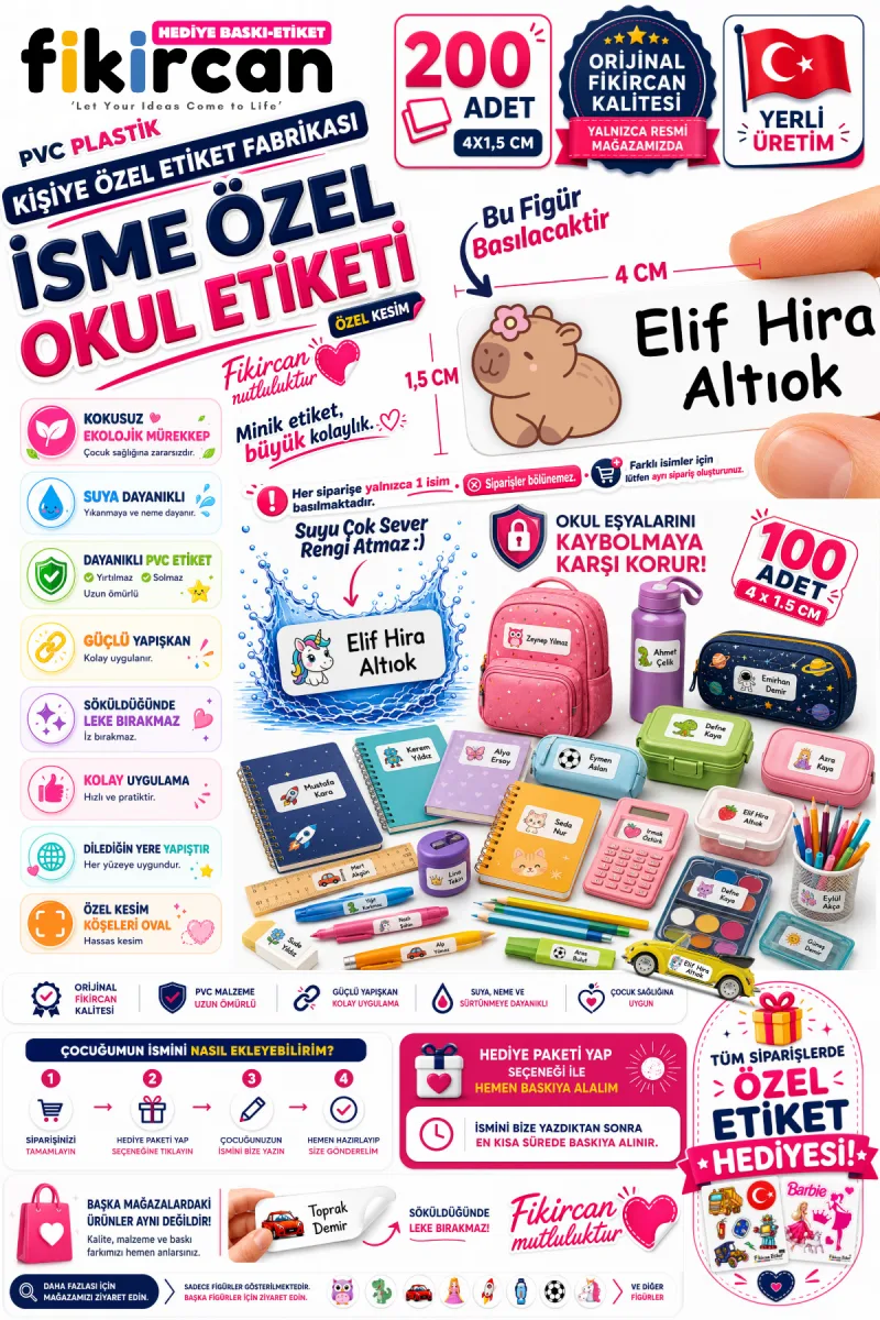 İsme Özel Okul Etiketi - 200 Adet - 1,5 x 4 cm - PVC Etiket - - FİGÜR 90 — fotoğraf 1