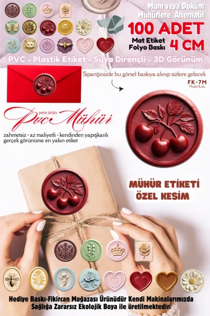 MÜHÜR ETİKETİ 100 Adet Kokusuz Ekolojik Mürekkep PVC ETİKET 4 CM MUM VE DÖKÜM ALTERNATİF