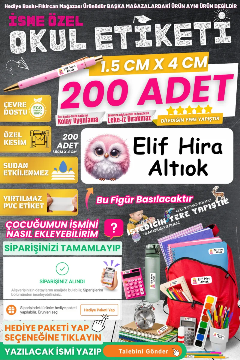 Fikircan-İsme Özel Okul Etiketi-MİNİK BAYKUŞ 200 Adet - Kokusuz Ekolojik Mürekkep PVC ETİKET — fotoğraf 1
