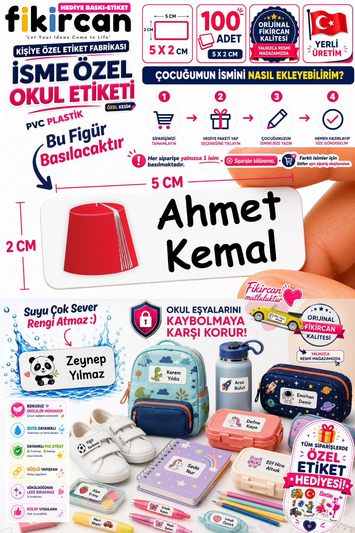 İsme Özel Okul Etiketi - 100 Adet - 5 x 2 cm - PVC Etiket - FİGÜR 135 — fotoğraf 1