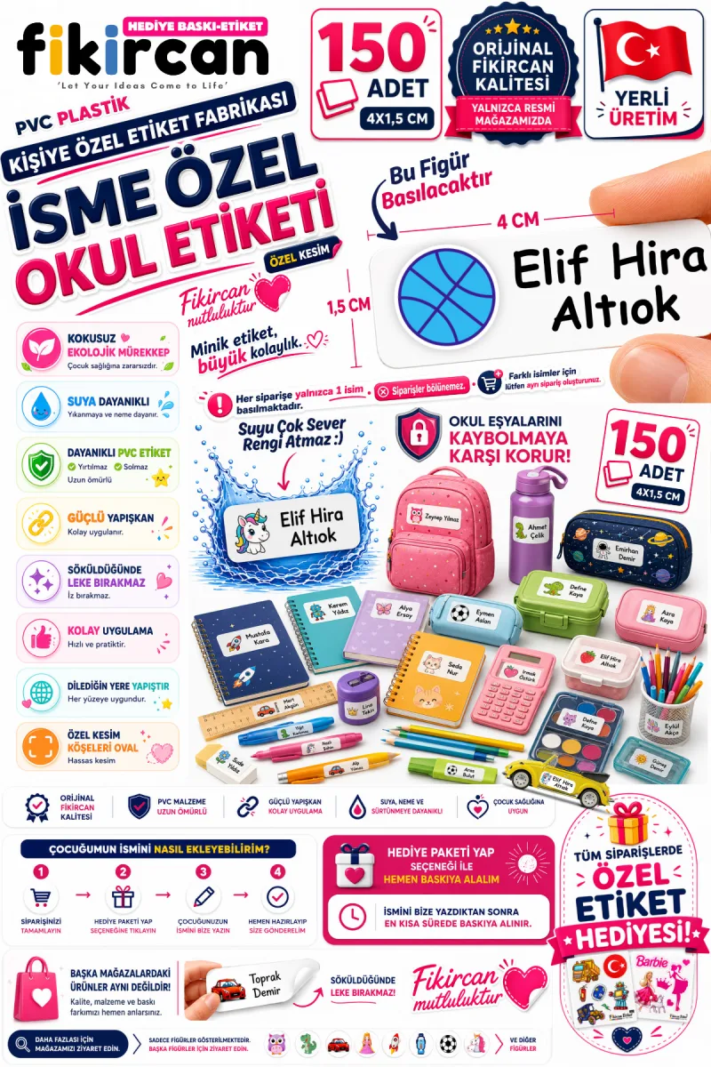 İsme Özel Okul Etiketi - 150 Adet - 1.5 x 4 cm - PVC Etiket - FİGÜR 82 — fotoğraf 1