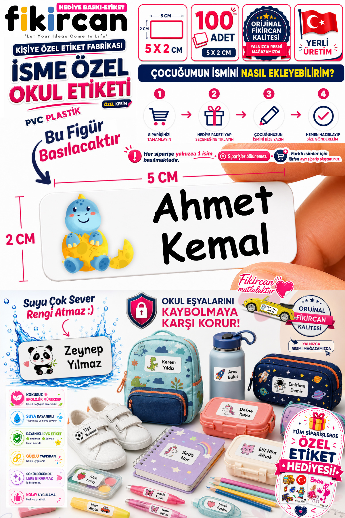 İsme Özel Okul Etiketi - 100 Adet - 5 x 2 cm - PVC Etiket - FİGÜR 69 — fotoğraf 1