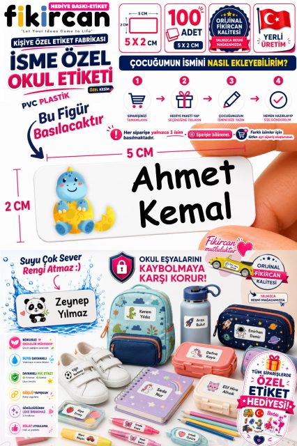 İsme Özel Okul Etiketi - 100 Adet - 5 x 2 cm - PVC Etiket - FİGÜR 69