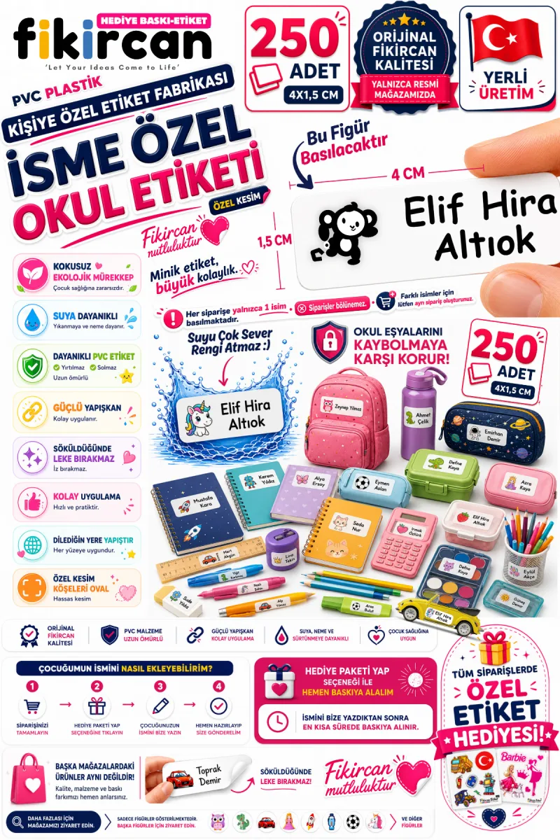 İsme Özel Okul Etiketi - 250 Adet - 1.5 x 4 cm - PVC Etiket - FİGÜR 16 — fotoğraf 1