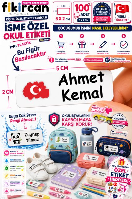 Isme Ozel Okul Etiketi - 100 Adet - 5 x 2 cm - PVC Etiket - FİGÜR 133