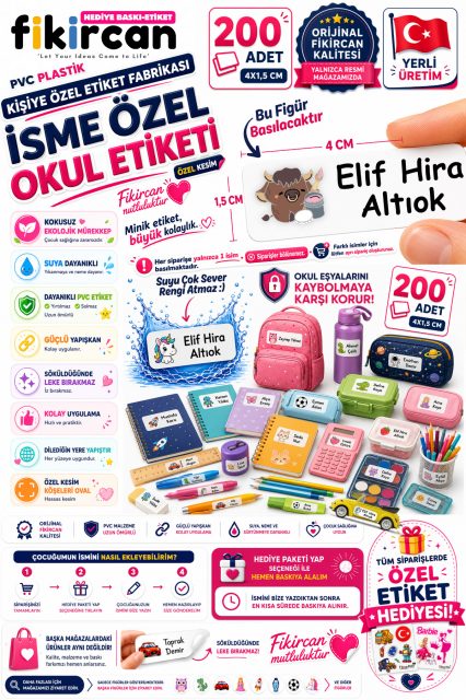 İsme Özel Okul Etiketi - 200 Adet - 1.5 x 4 cm - PVC Etiket - FİGÜR 58 1453260718245