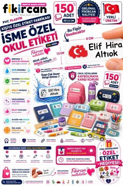 İsme Özel Okul Etiketi - 150 Adet - 1.5 x 4 cm - PVC Etiket - FİGÜR 133