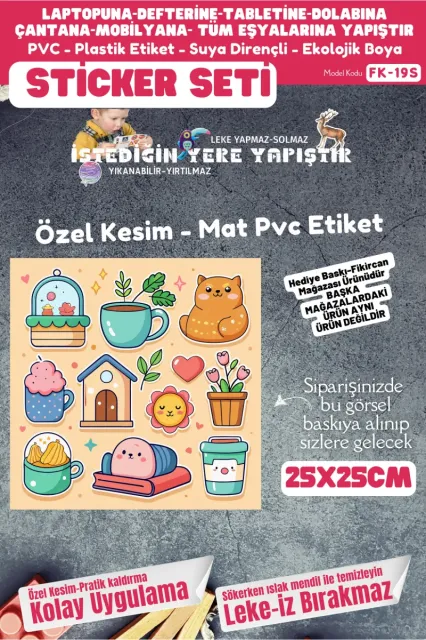 Fikircan Etiket Seti 25x25cm Pvc Sticker -Defter-Laptop-Tablet-Telefon-Dolap-Cam vb Her yere Yapışır