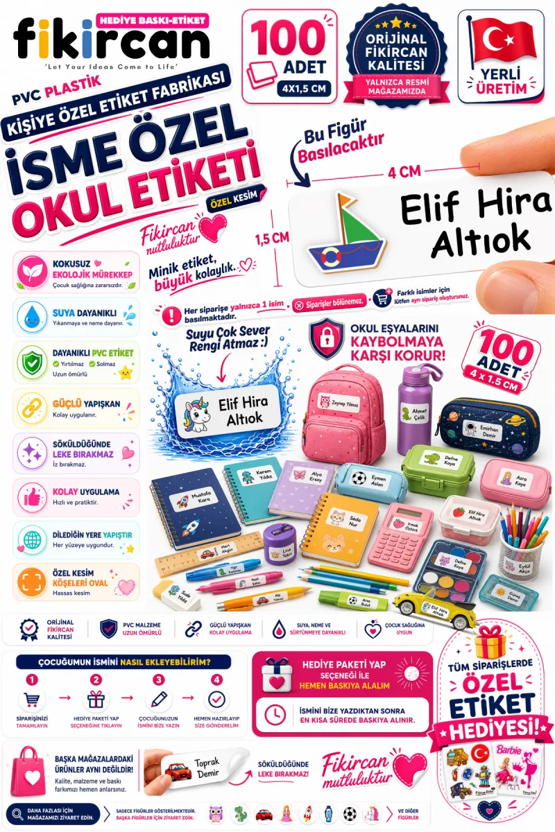 İsme Özel Okul Etiketi - 100 Adet - 1.5 x 4 cm - PVC Etiket - FİGÜR 125 1453260717014 — fotoğraf 1