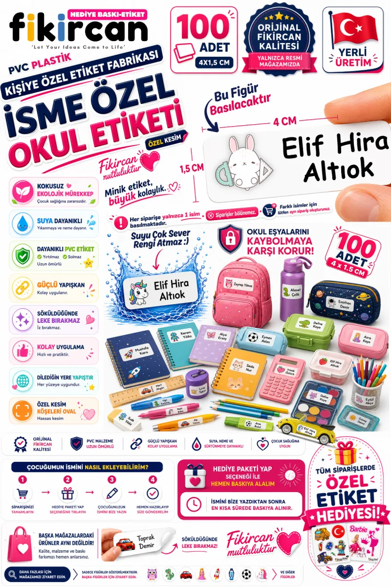 İsme Özel Okul Etiketi - 100 Adet - 1.5 x 4 cm - PVC Etiket - FİGÜR 93 — fotoğraf 1