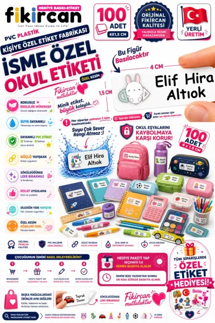İsme Özel Okul Etiketi - 100 Adet - 1.5 x 4 cm - PVC Etiket - FİGÜR 93