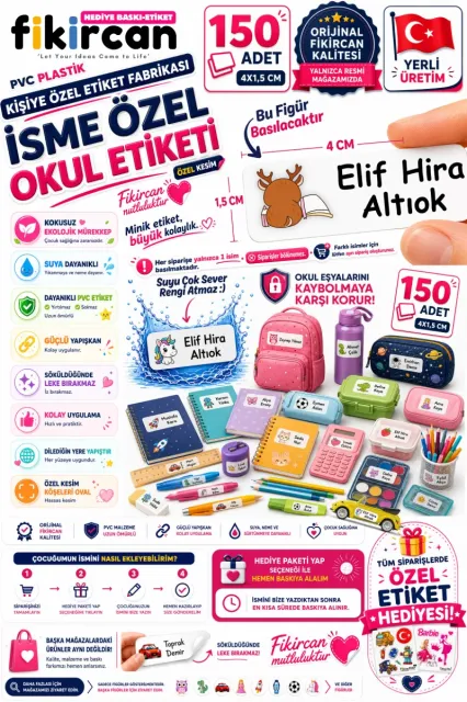 İsme Özel Okul Etiketi - 150 Adet - 1.5 x 4 cm - PVC Etiket - FİGÜR 91