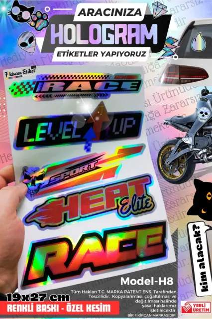 Fikircan-Hologram Etiket- Araba ve Motorsiklet Cam ve Kaporta Uyumlu Renkli Baskı Özel Kesim Sticker