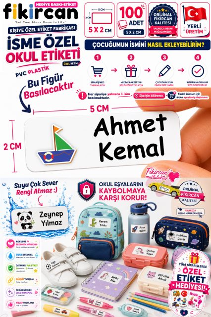 Isme Ozel Okul Etiketi - 100 Adet - 5 x 2 cm - PVC Etiket - FİGÜR 125