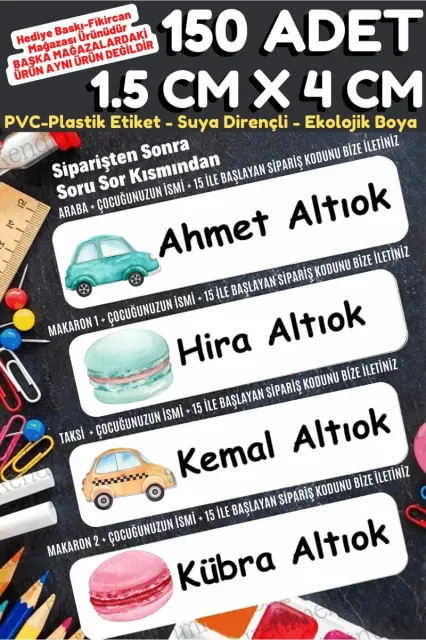 -isme Özel Okul Etiket Seti Makaron Ve Arabalar - 150 Adet -mürekkep Pvc Etiket