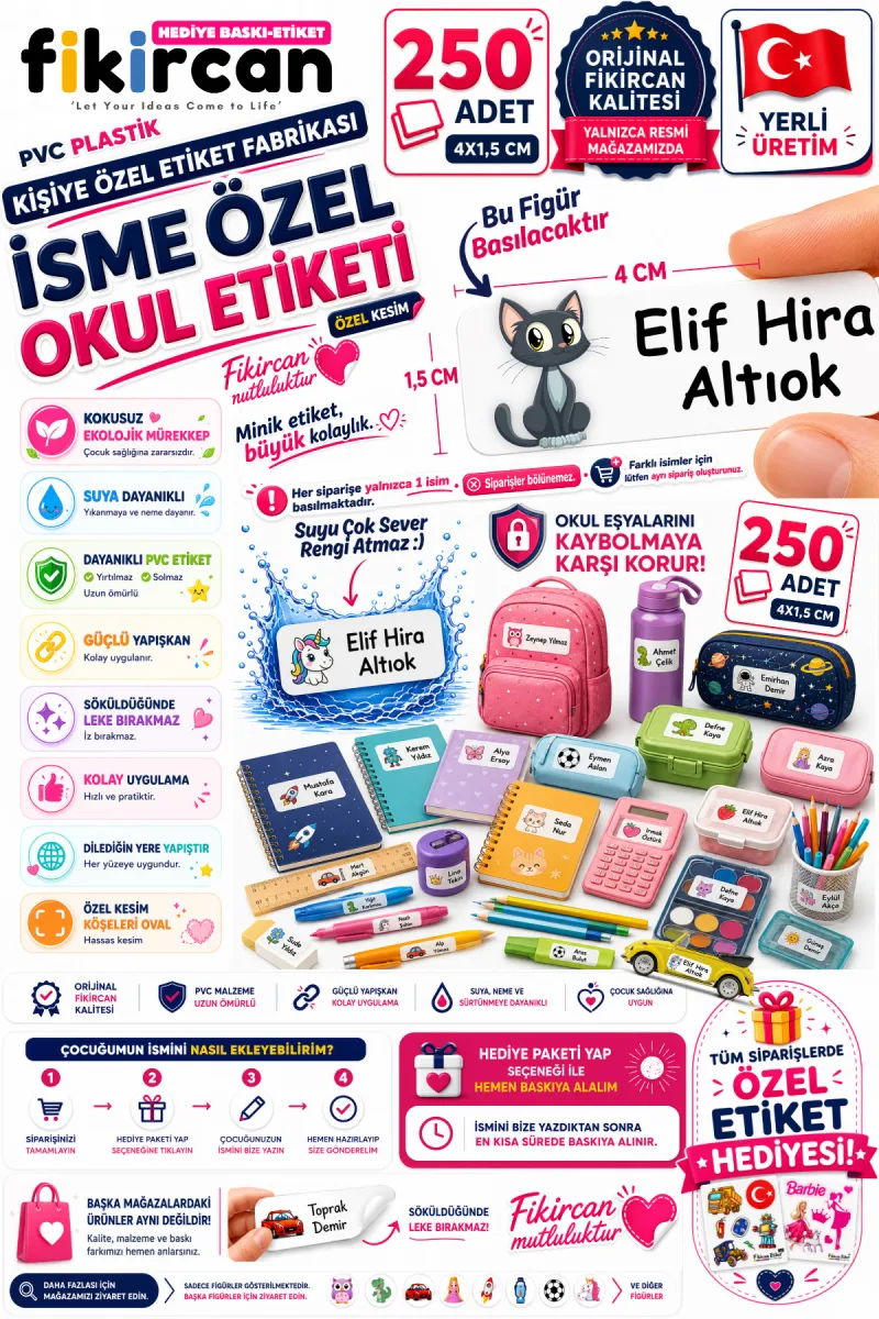 İsme Özel Okul Etiketi - 250 Adet - 1.5 x 4 cm - PVC Etiket - FİGÜR 84 — fotoğraf 1