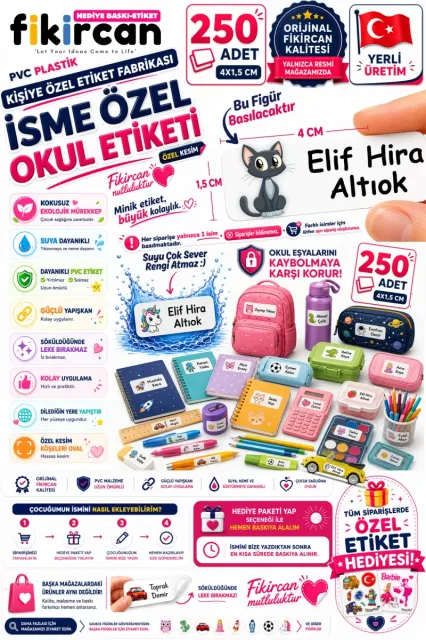 İsme Özel Okul Etiketi - 250 Adet - 1.5 x 4 cm - PVC Etiket - FİGÜR 84