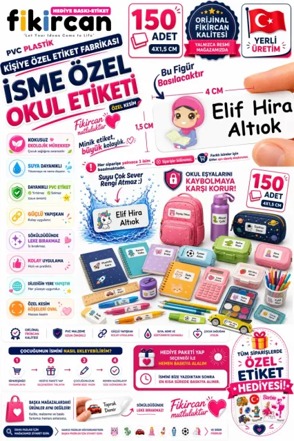 İsme Özel Okul Etiketi - 150 Adet - 1.5 x 4 cm - PVC Etiket - FİGÜR 138