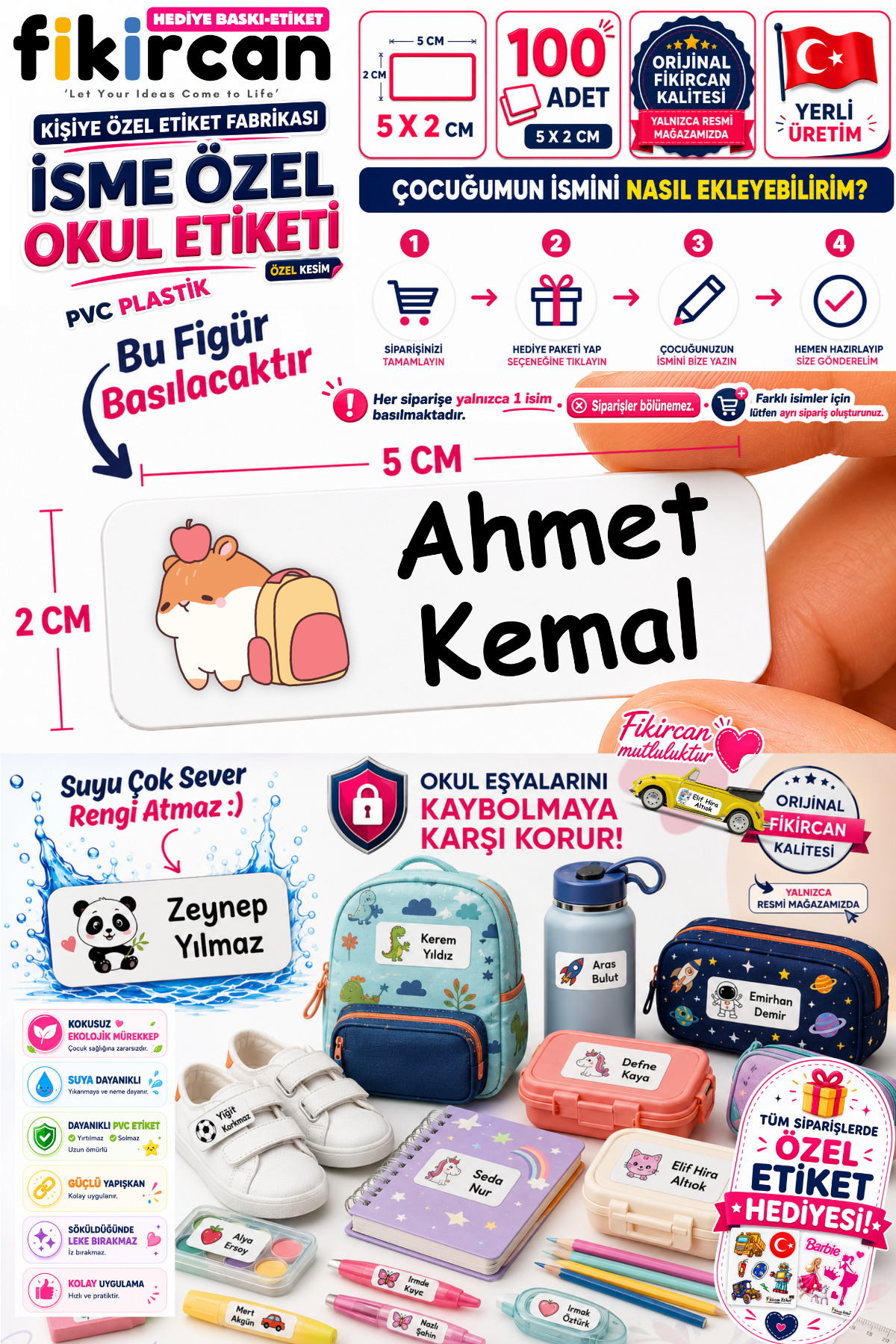 İsme Özel Okul Etiketi - 100 Adet - 5 x 2 cm - PVC Etiket - FİGÜR 59 — fotoğraf 1