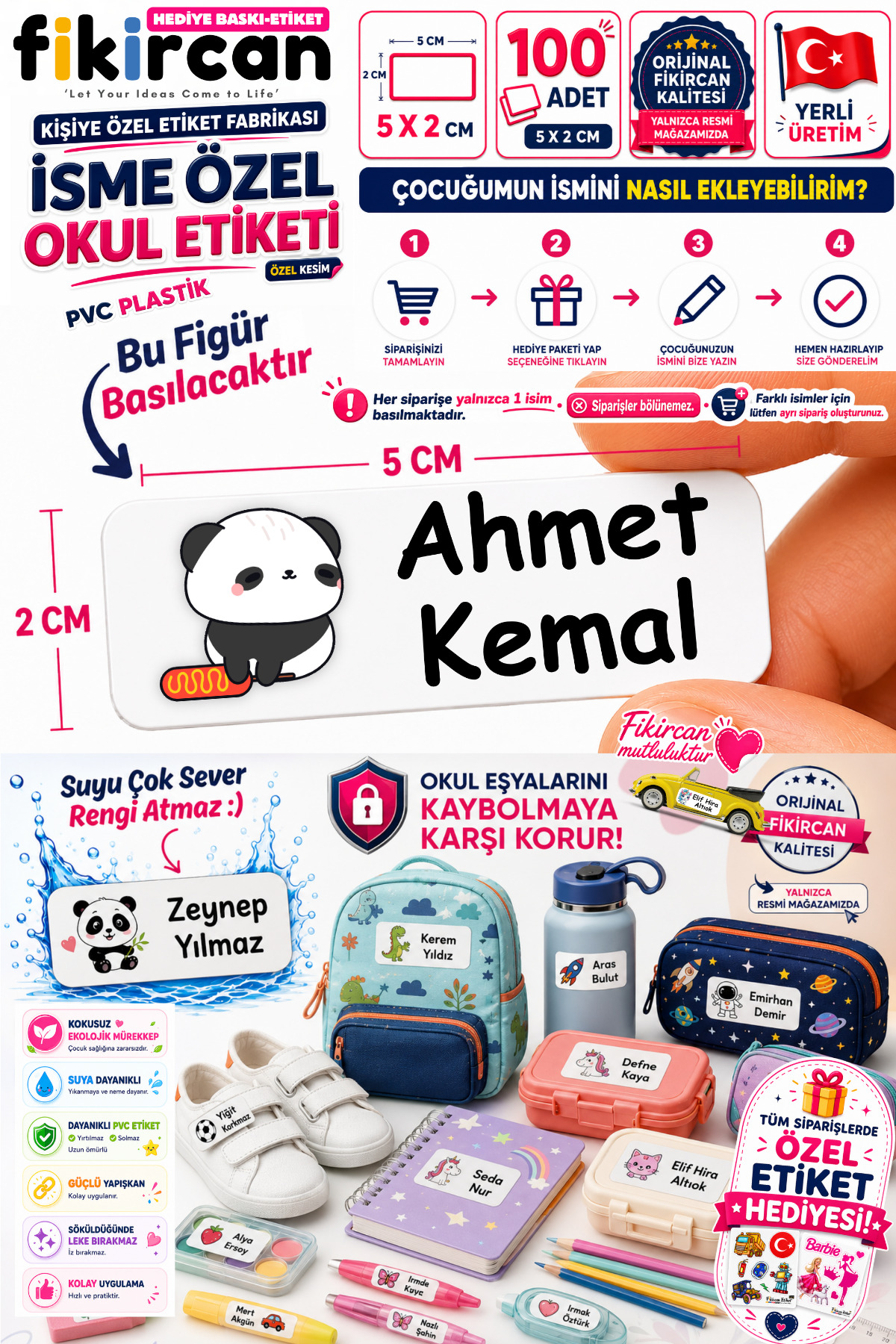 İsme Özel Okul Etiketi - 100 Adet - 5 x 2 cm - PVC Etiket - FİGÜR 54 — fotoğraf 1