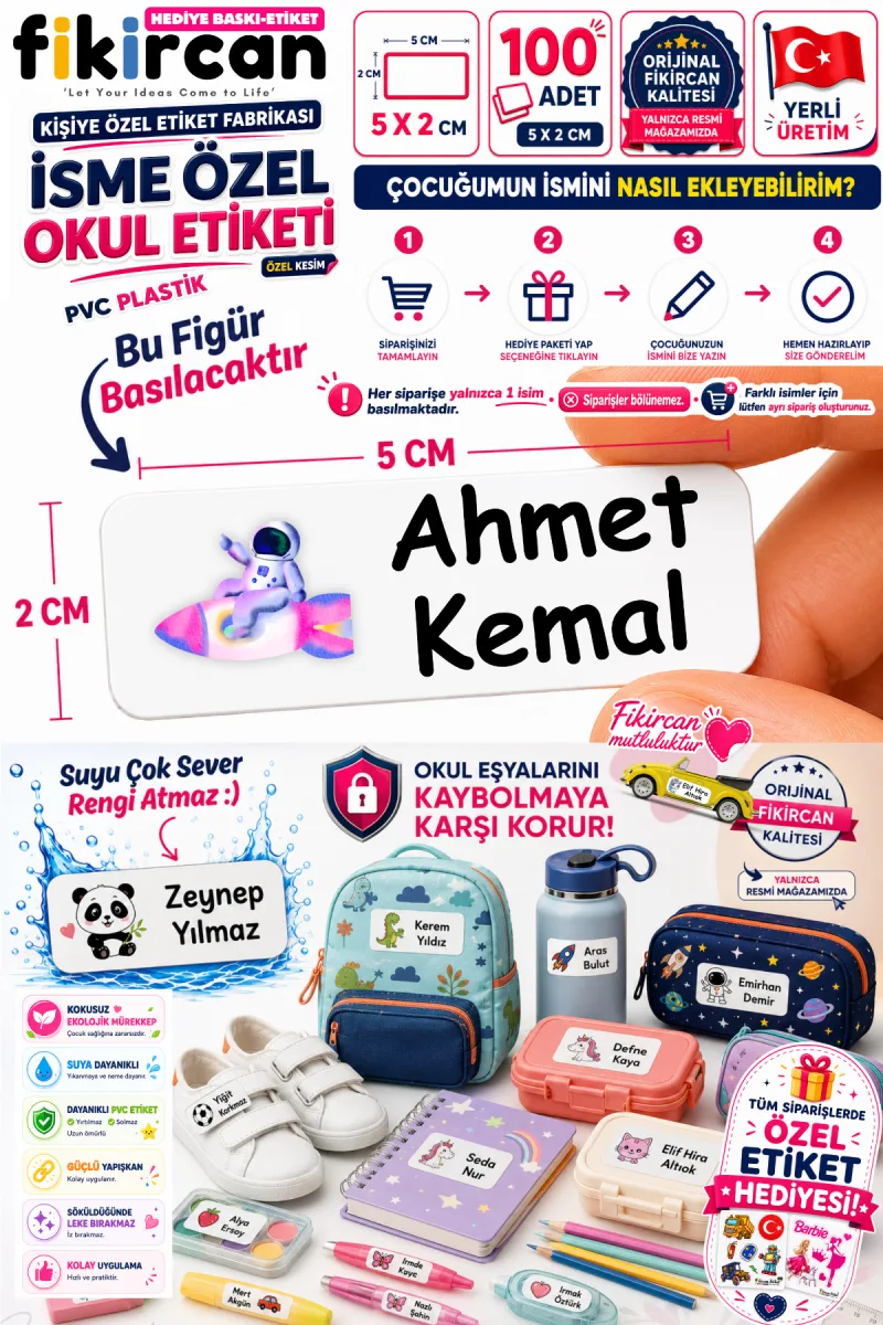 İsme Özel Okul Etiketi - 100 Adet - 5 x 2 cm - PVC Etiket - FİGÜR 9 — fotoğraf 1