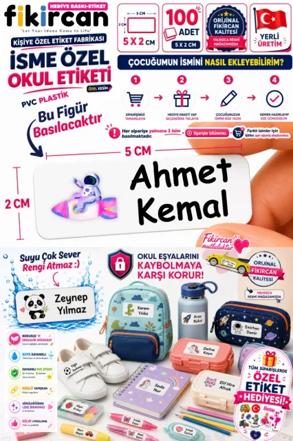 İsme Özel Okul Etiketi - 100 Adet - 5 x 2 cm - PVC Etiket - FİGÜR 9